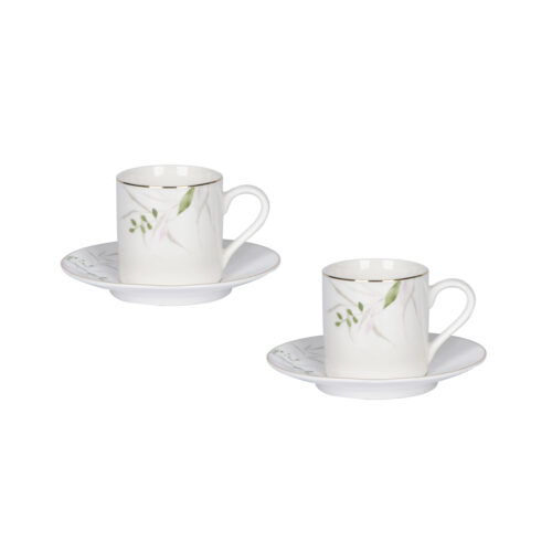 Set 8pz Caffè Versailles con profilo oro e dipinto di fiori di tiglio e foglie