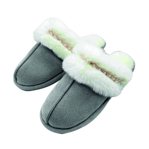 Pantofole donna antiscivolo con pelliccia e perline applicate