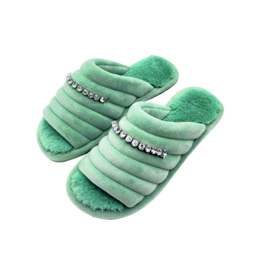 Pantofole donna antiscivolo in pelliccia e pietrine applicate